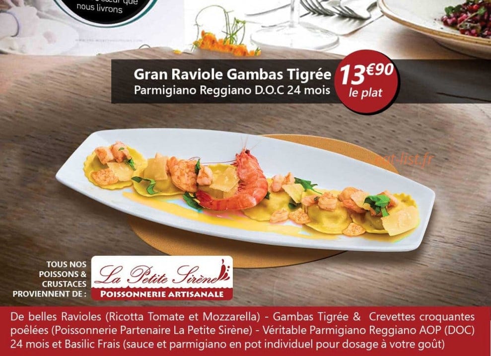 Carte et menu de La Cucina di Nino à Toulouse — Gran raviole ricotta mozzarella et gambas