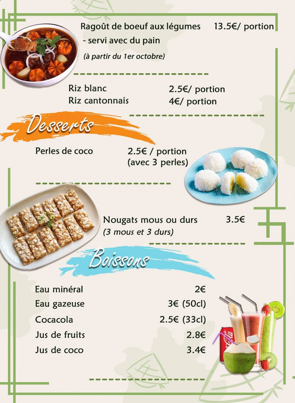 Carte et menu de La cuisine Vietnamienne à Toulouse — Les desserts et boissons