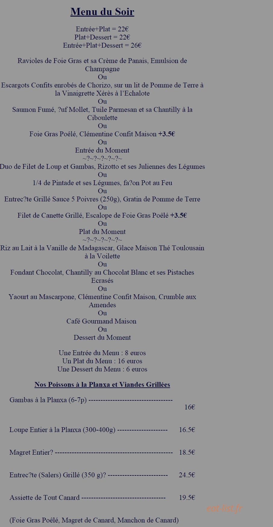 Carte et menu de La Flambée à Toulouse — Menu du soir