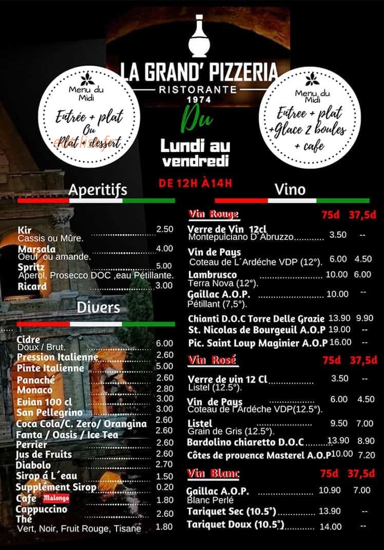 Carte et menu de La Grand' pizzeria à Toulouse — Apéritifs, divers et vino