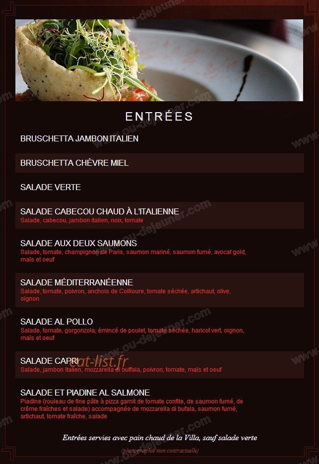 Carte et menu de la villa des oliviers à Toulouse — Les entrées