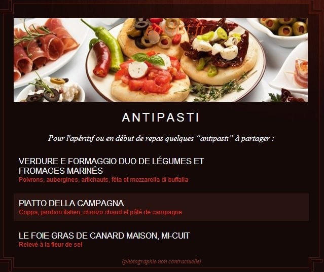 Carte et menu de la villa des oliviers à Toulouse — Les antipastis