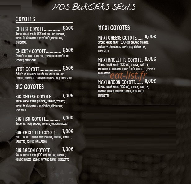 Le Coyote Burgers — carte page 1