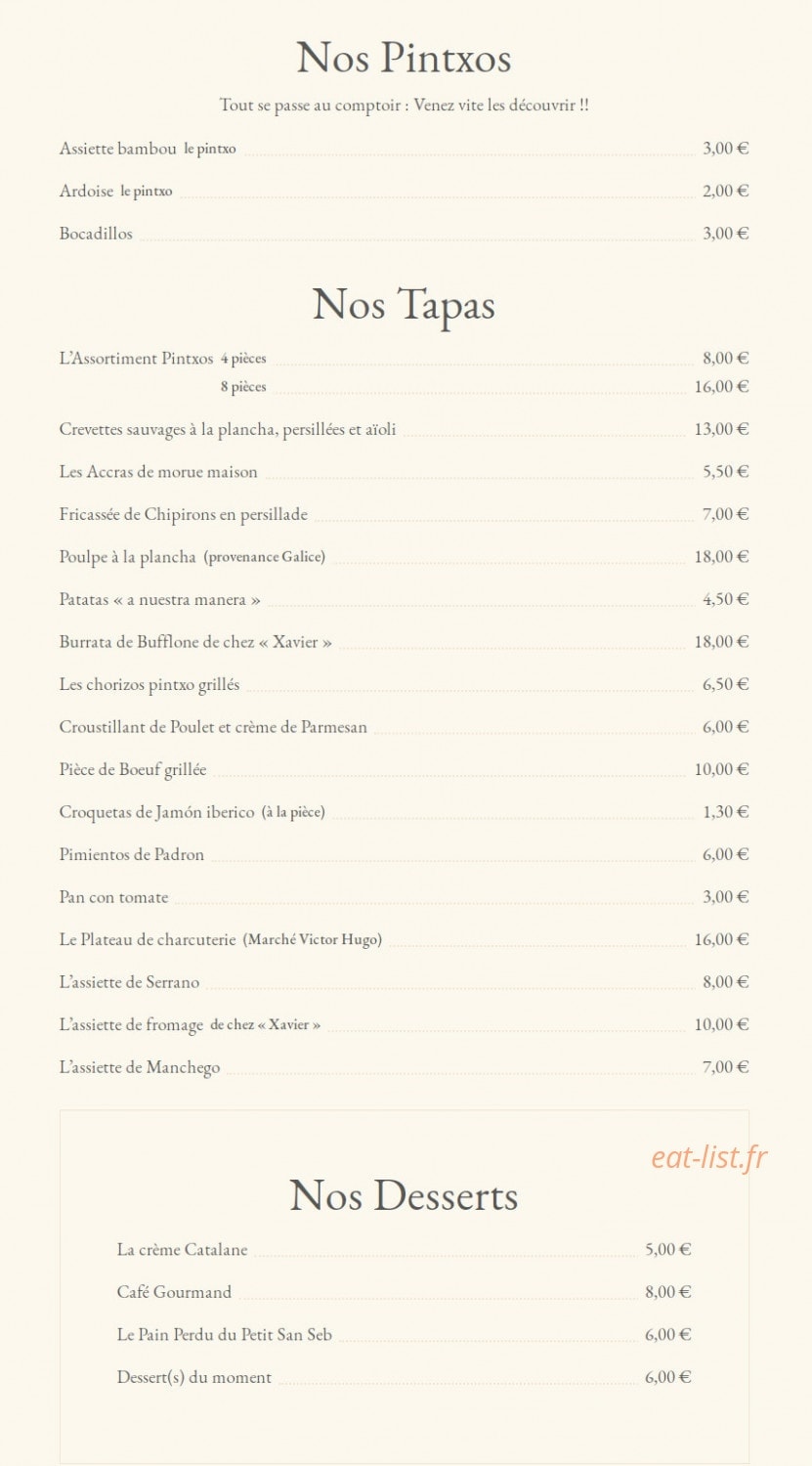 Le Petit San Seb — carte page 8