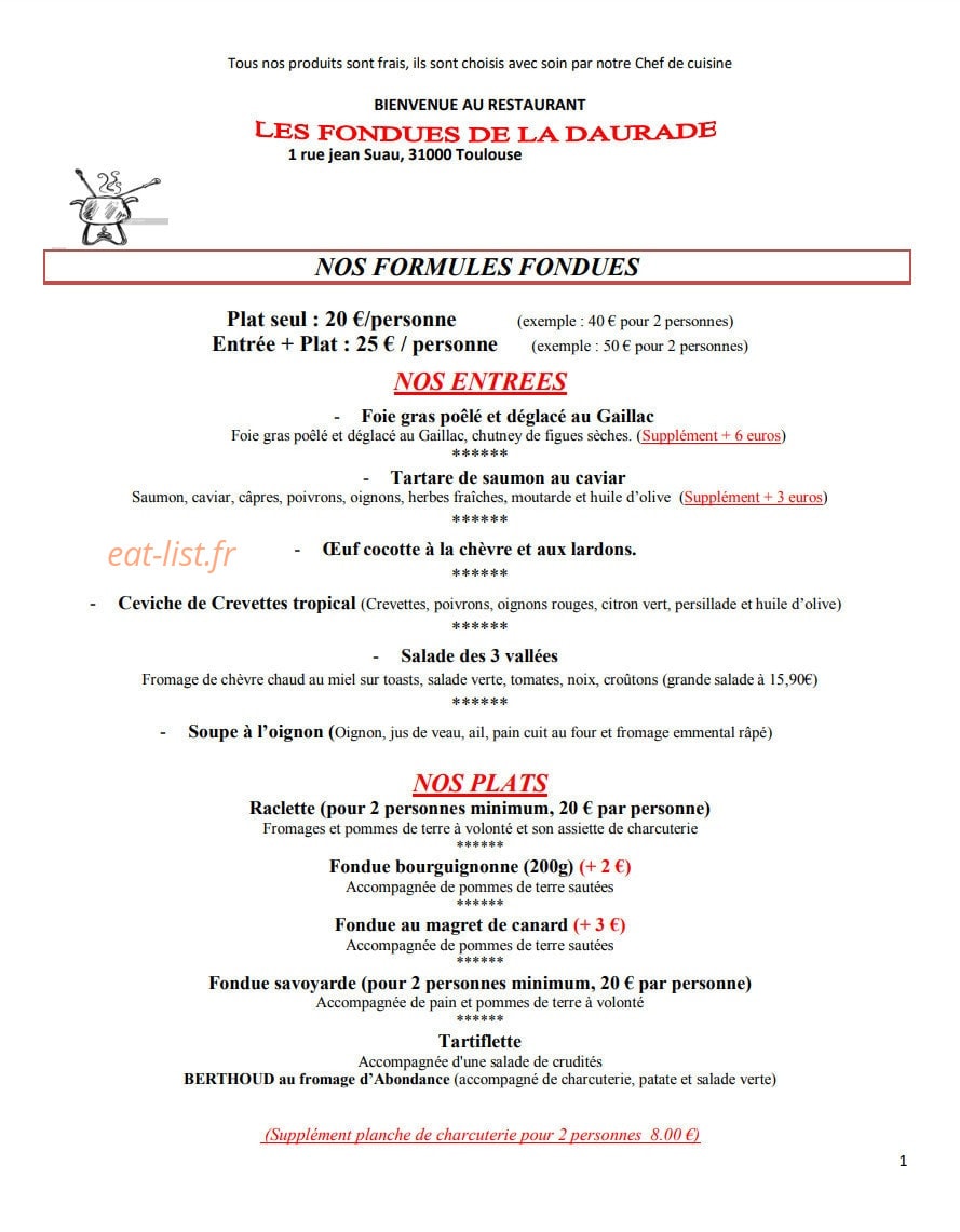 Carte et menu de Les Fondues de la Daurade à Toulouse — Formules, entrées et plats
