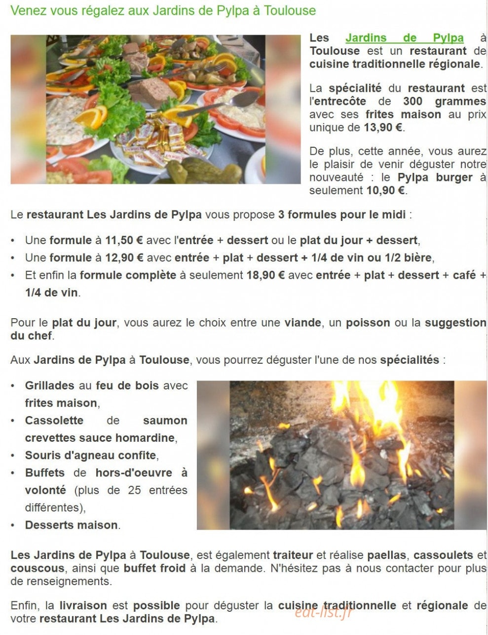 Carte et menu de Les jardins de pylpa à Toulouse — Les formules et autres informations