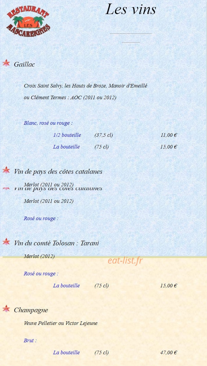 Carte et menu de Les Mascareignes Patrice à Toulouse — Les vins