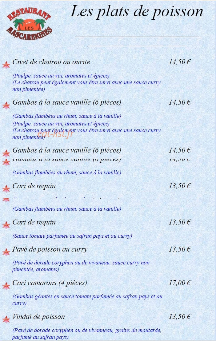 Carte et menu de Les Mascareignes Patrice à Toulouse — Les plats de poisson