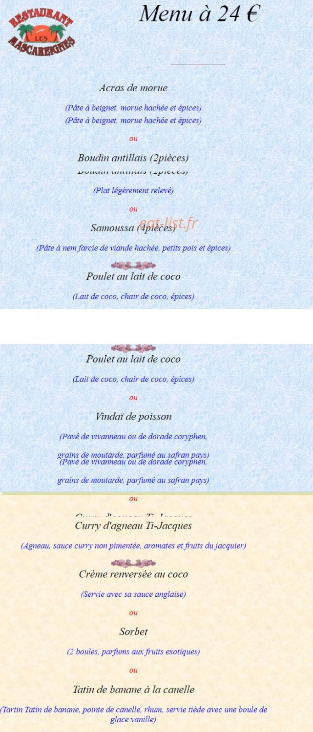 Carte et menu de Les Mascareignes Patrice à Toulouse — Le menu à 24€