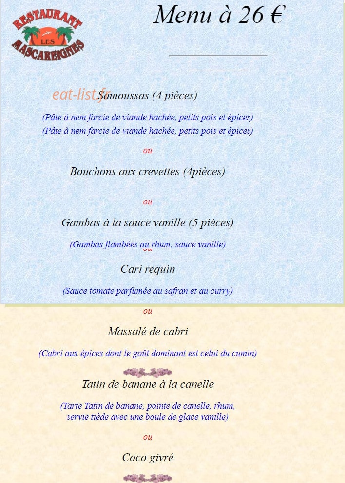 Carte et menu de Les Mascareignes Patrice à Toulouse — Le menu à 26€