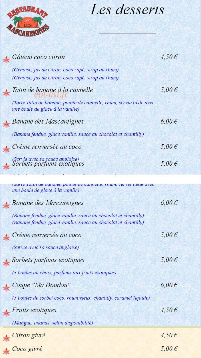 Carte et menu de Les Mascareignes Patrice à Toulouse — Les desserts
