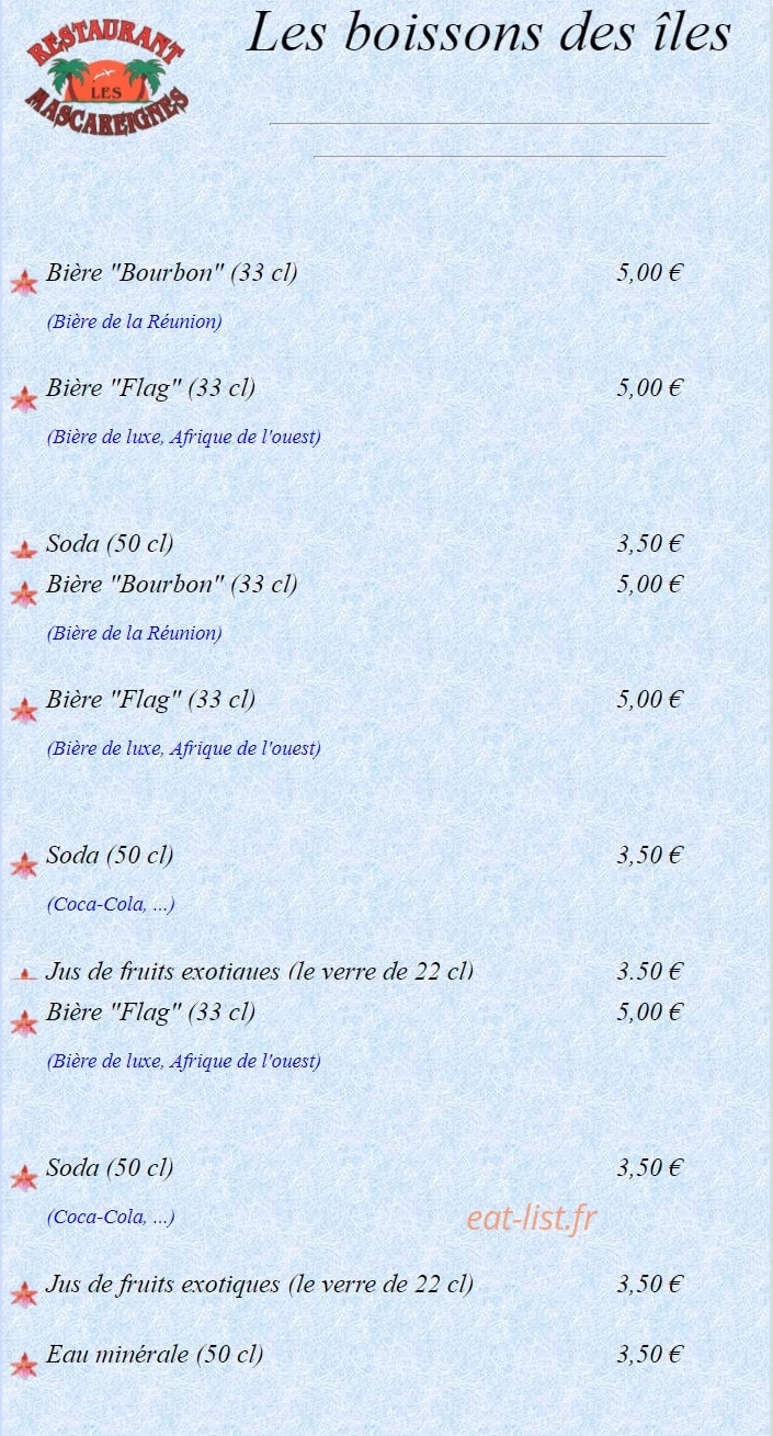 Carte et menu de Les Mascareignes Patrice à Toulouse — Les boissons des îles