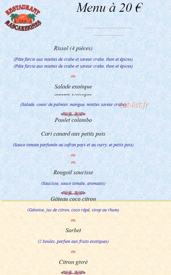Carte et menu de Les Mascareignes Patrice à Toulouse — Le menu à 20€