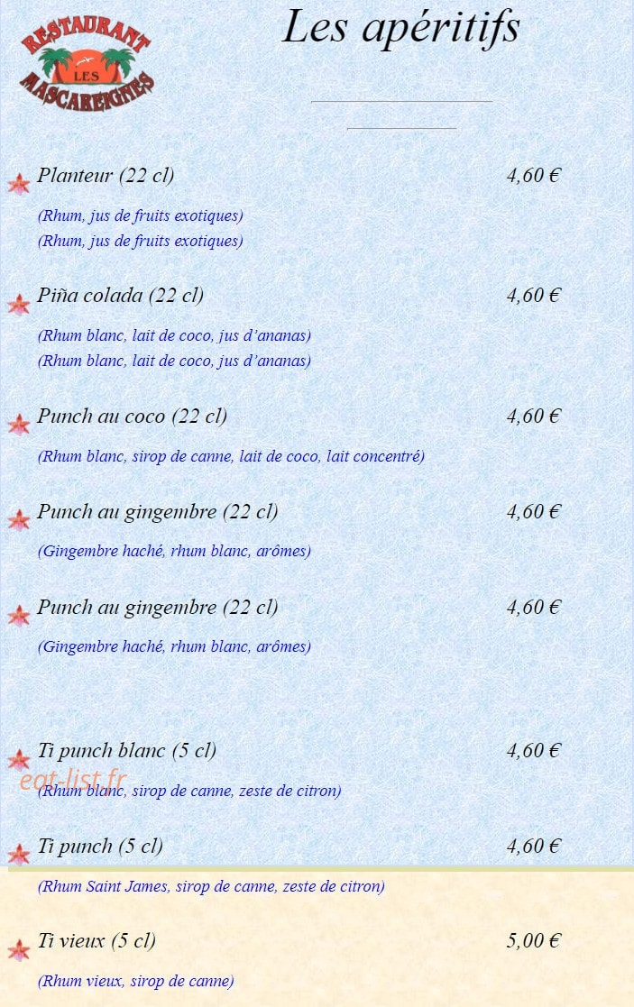Carte et menu de Les Mascareignes Patrice à Toulouse — Les apéritifs