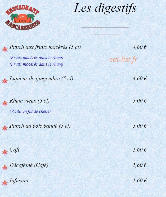 Carte et menu de Les Mascareignes Patrice à Toulouse — Les digestifs