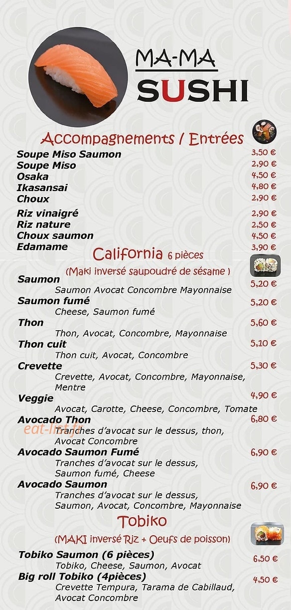 Carte et menu de Ma-Ma Sushi à Toulouse — Les entrées , californias,.......