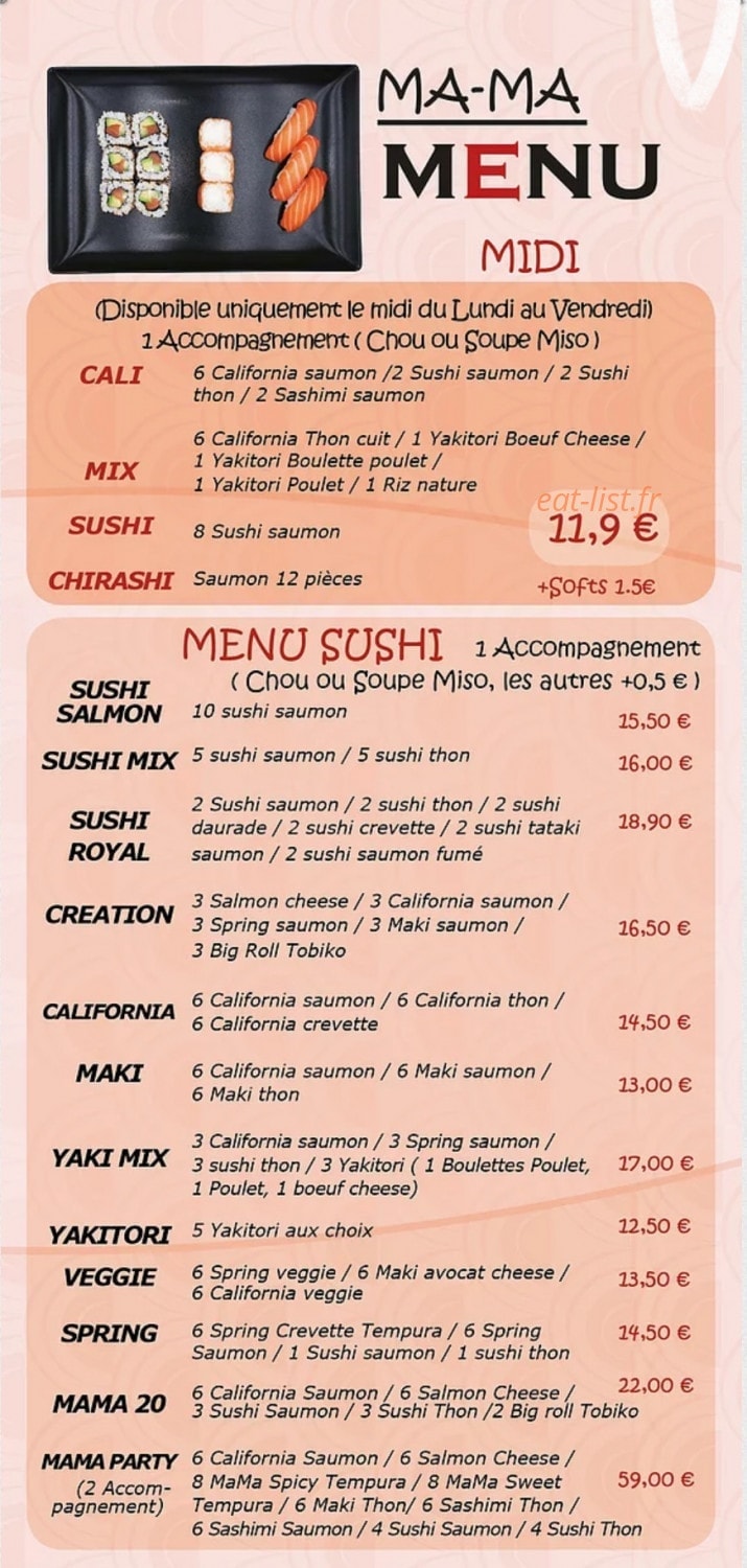 Carte et menu de Ma-Ma Sushi à Toulouse — Les menu sushis