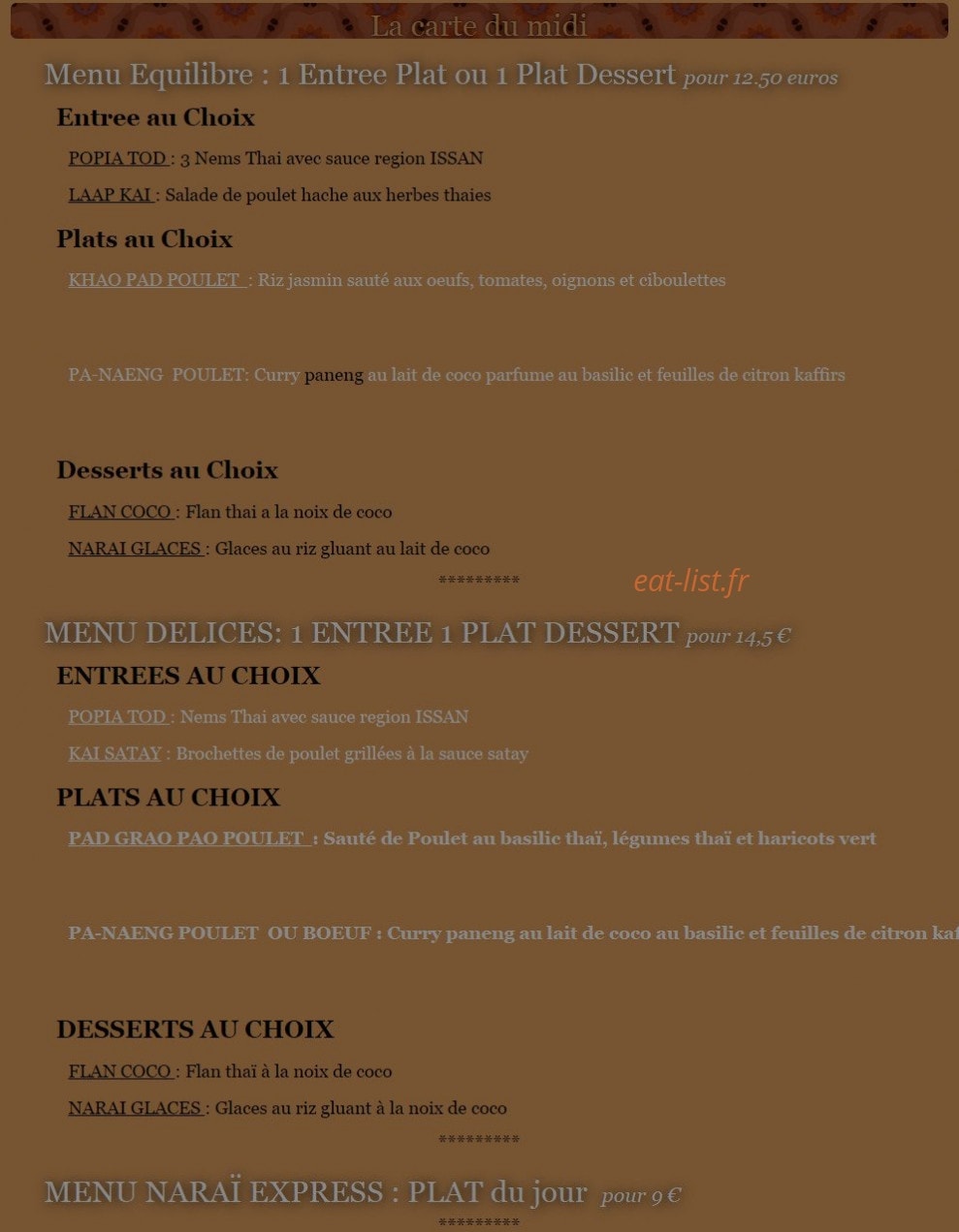 Narai Thai — carte page 1