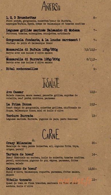 Carte et menu de Prima Fabbrica à Toulouse — Les entrées, salades et viandes