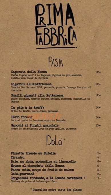 Carte et menu de Prima Fabbrica à Toulouse — Les pâtes et desserts