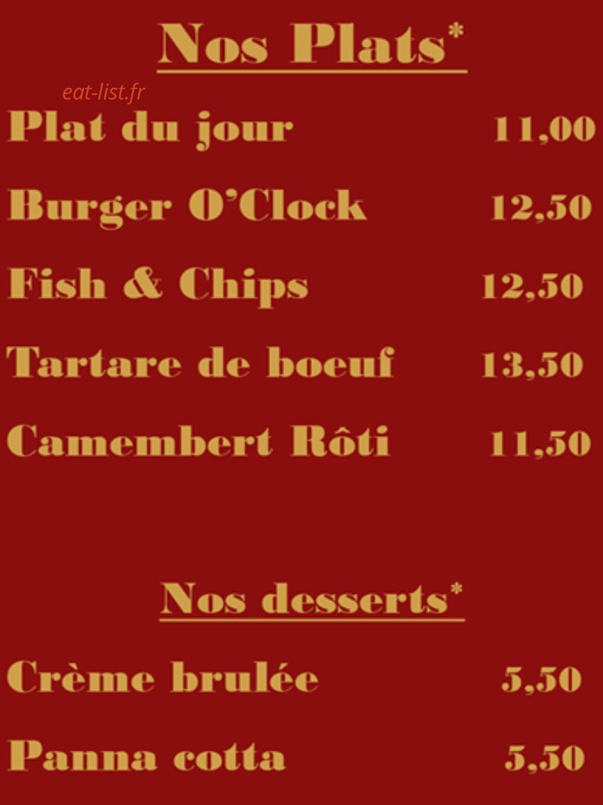 Pub O'Clock — carte page 1