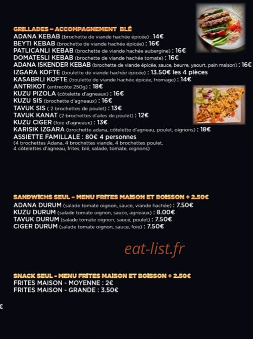 Carte et menu de Restaurant adana grill à Toulouse — Les grillades et sandwichs,...