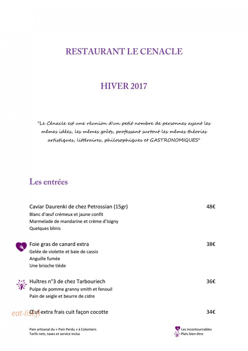Restaurant Le Cénacle — carte page 2