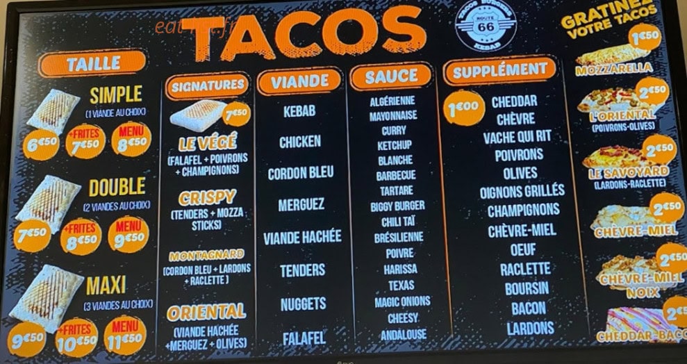Route 66 Tacos — carte page 1