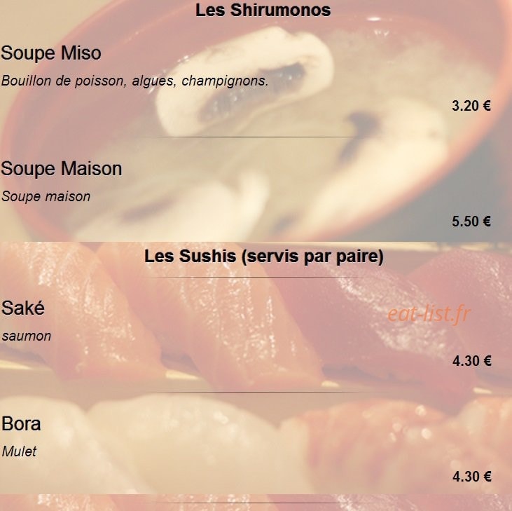 Carte et menu de Sakuraya sushi à Toulouse — Les shirumonos et sushi
