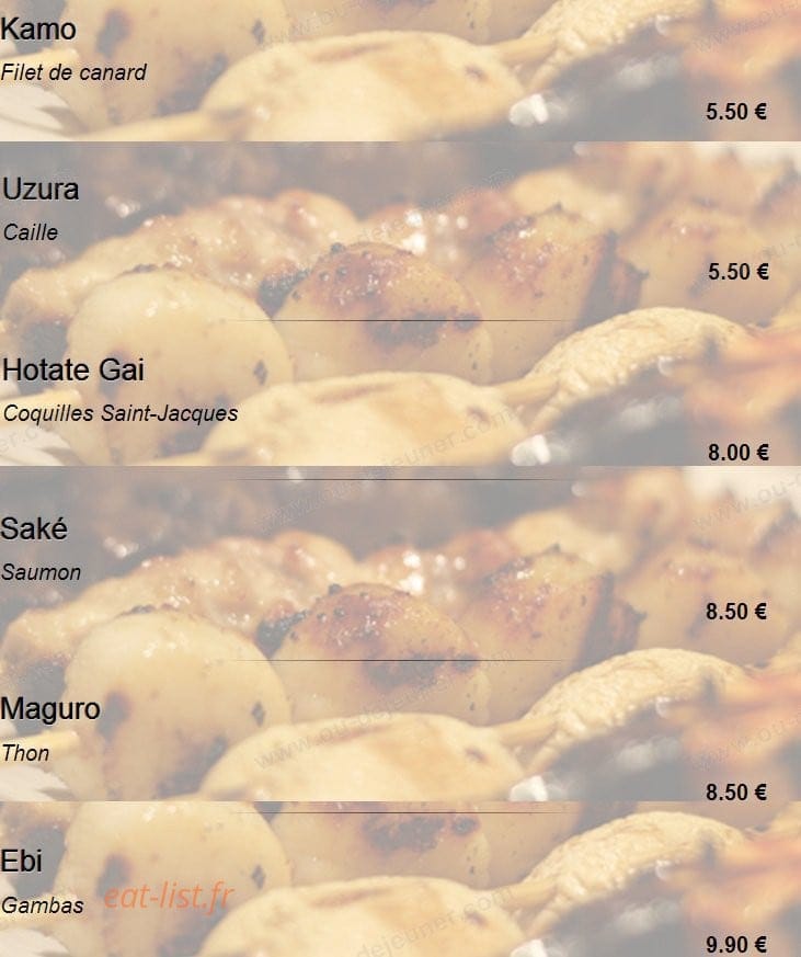 Carte et menu de Sakuraya sushi à Toulouse — Les yakitori(suite)