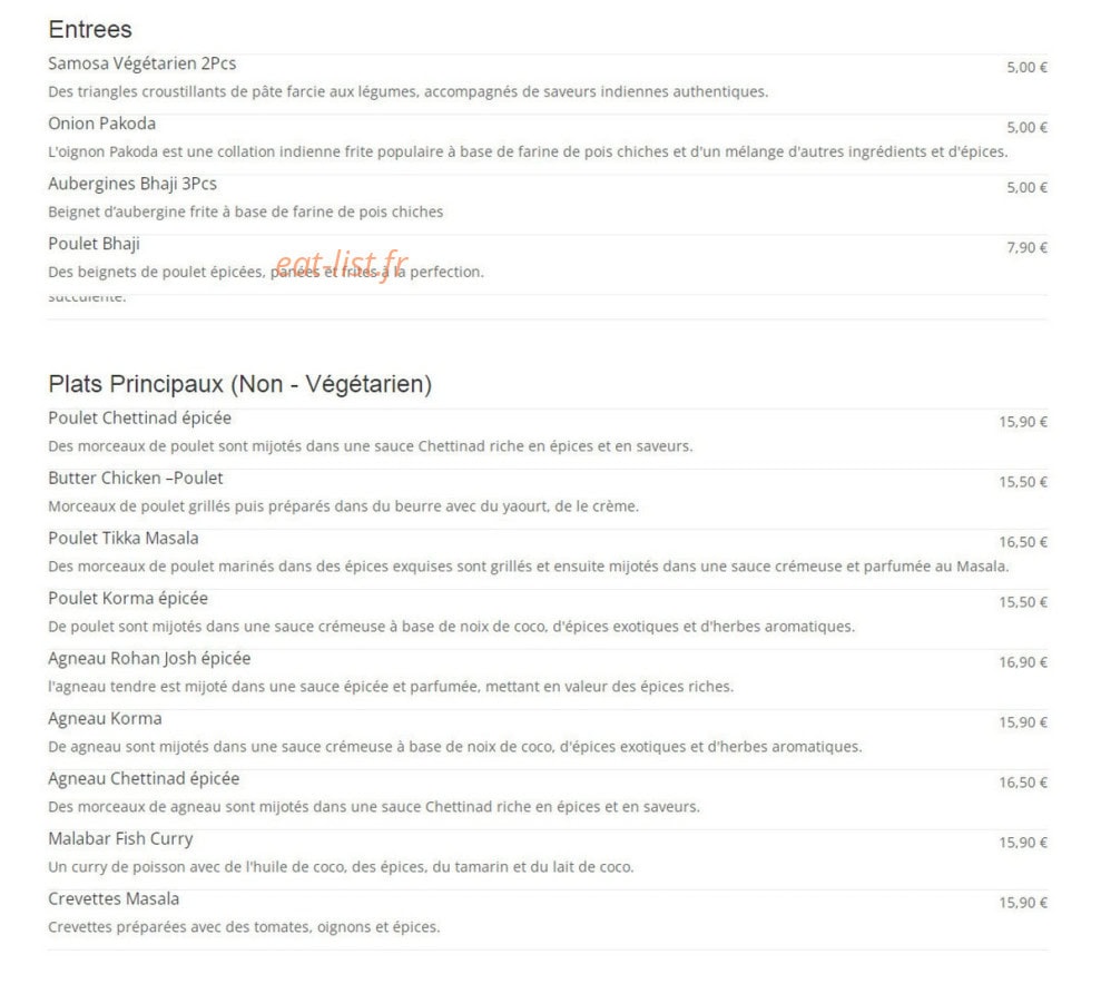 Spice Palatte Restaurant Indien — carte page 1