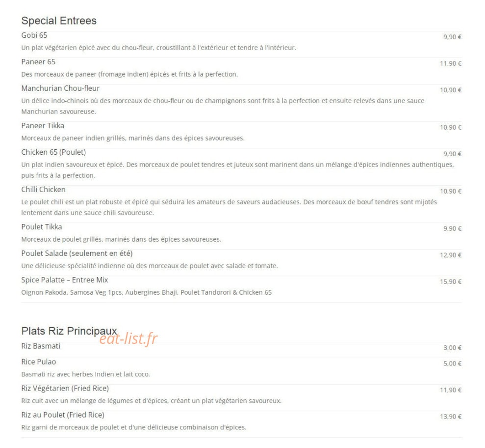 Spice Palatte Restaurant Indien — carte page 2