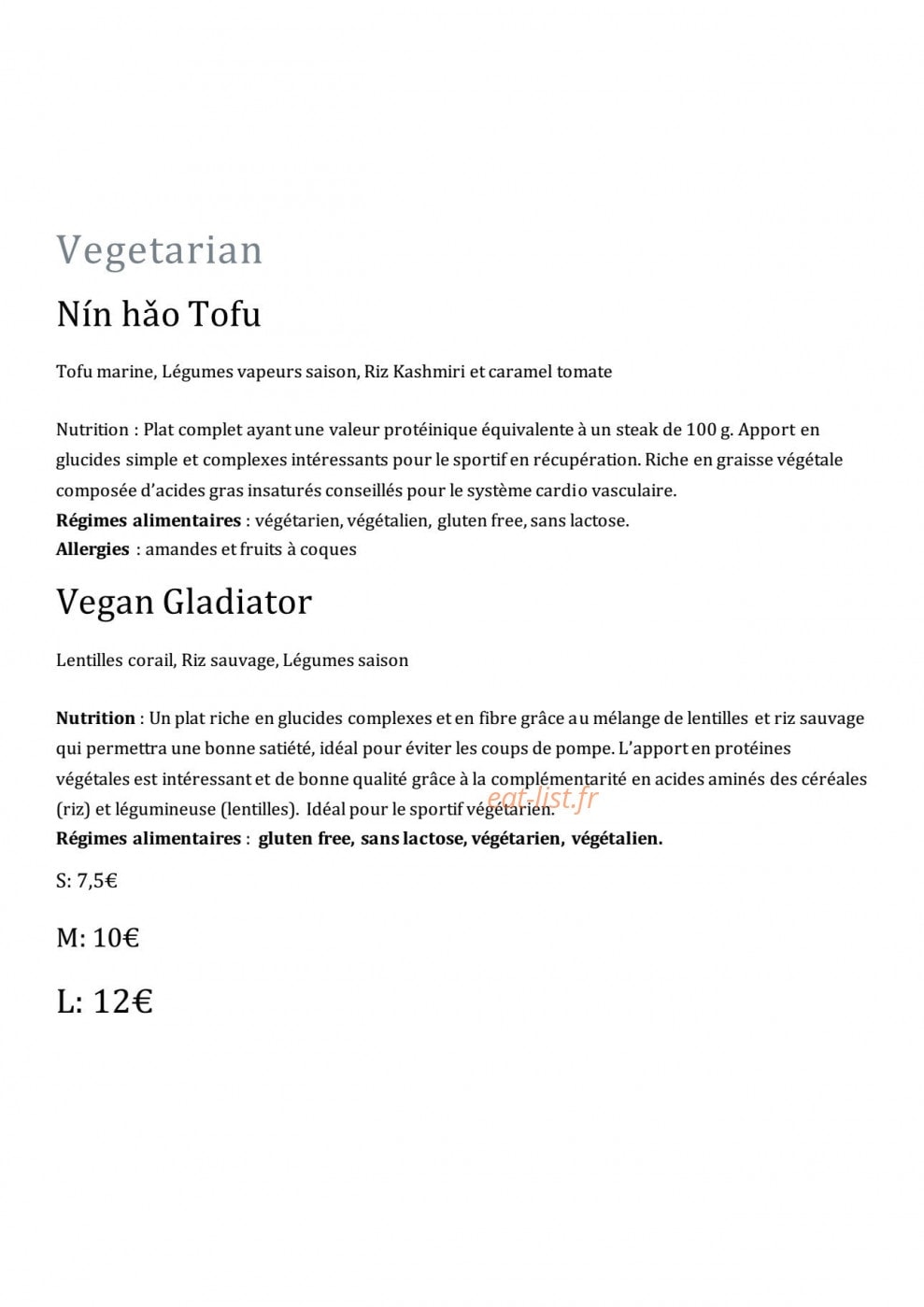 Carte et menu de TDS Fitness Food Bar à Toulouse — Plats vegetariens