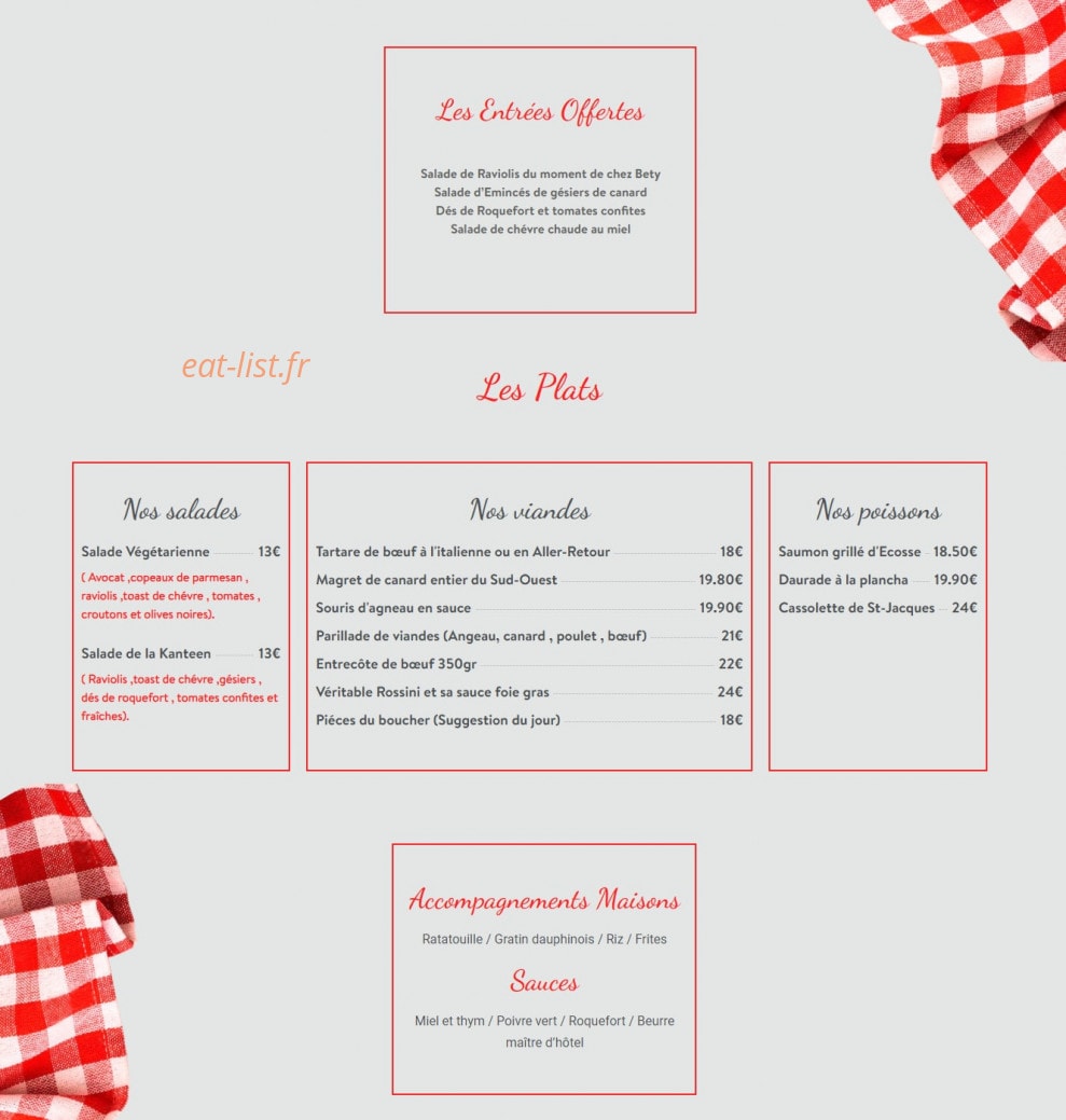 Carte et menu de The Kanteen à Toulouse — Les plats et accompagnements
