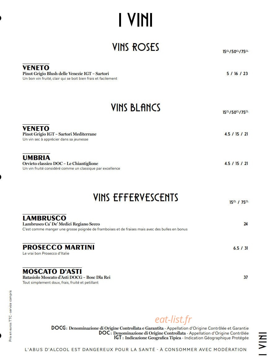 Carte et menu de Valentina – Le Clan des Mamma à Toulouse — Les vins blancs et vins rosés