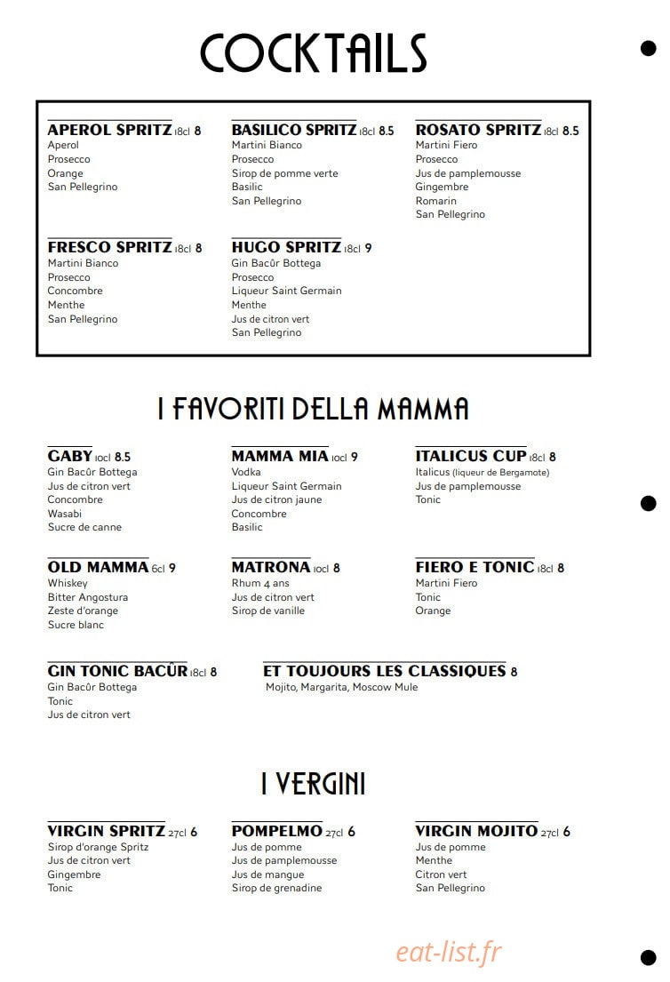 Carte et menu de Valentina – Le Clan des Mamma à Toulouse — Les cocktials