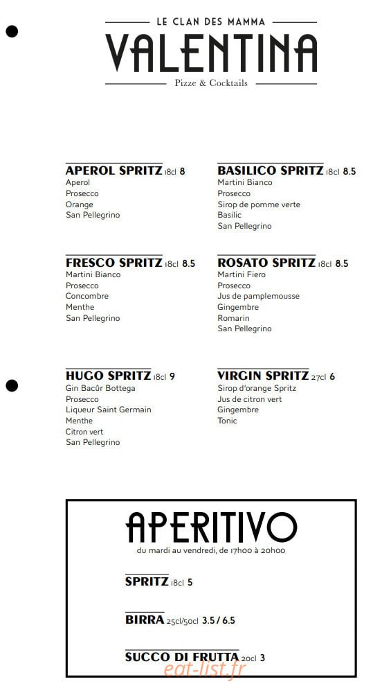 Carte et menu de Valentina – Le Clan des Mamma à Toulouse — Les apéritifs
