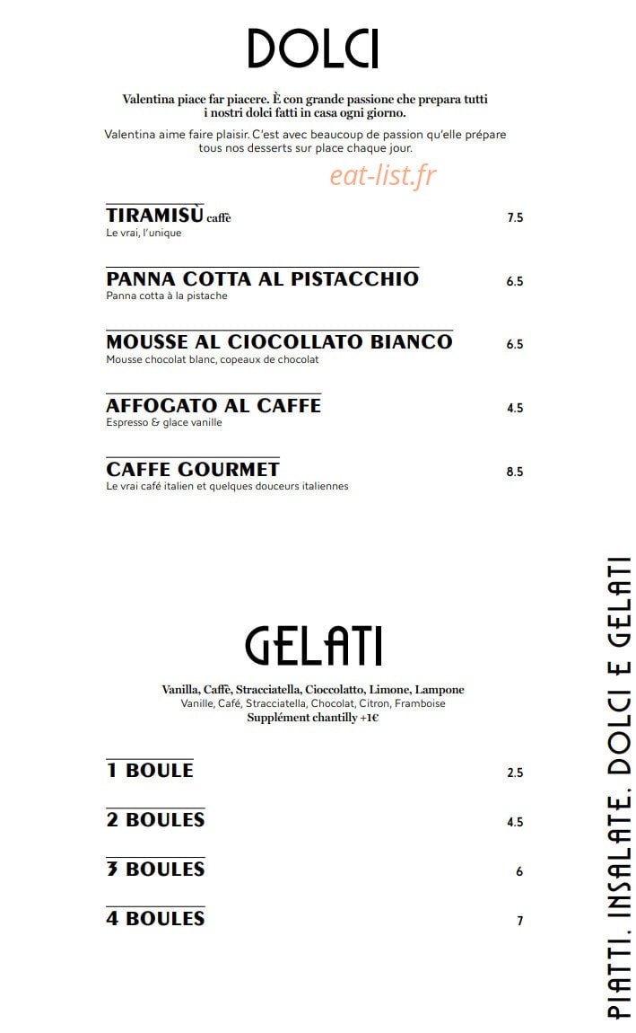 Carte et menu de Valentina – Le Clan des Mamma à Toulouse — Les desserts et glaces