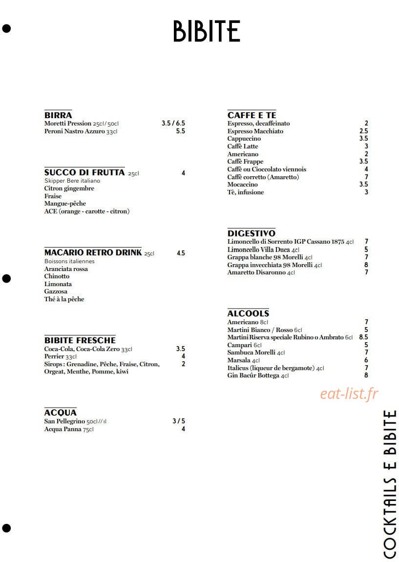 Carte et menu de Valentina – Le Clan des Mamma à Toulouse — Les boissons