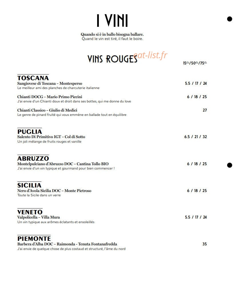 Carte et menu de Valentina – Le Clan des Mamma à Toulouse — Les vins rouges