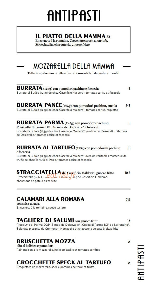 Carte et menu de Valentina – Le Clan des Mamma à Toulouse — Les entrées
