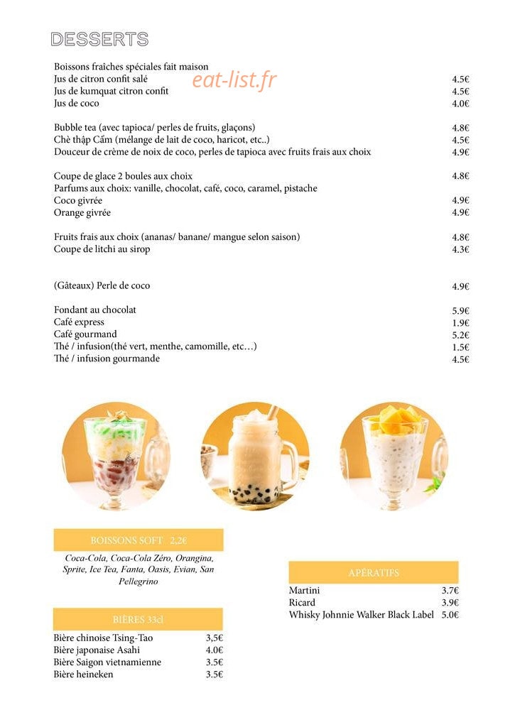 Carte et menu de Viet Food 84 à Toulouse — Les desserts, apéritifs et bières