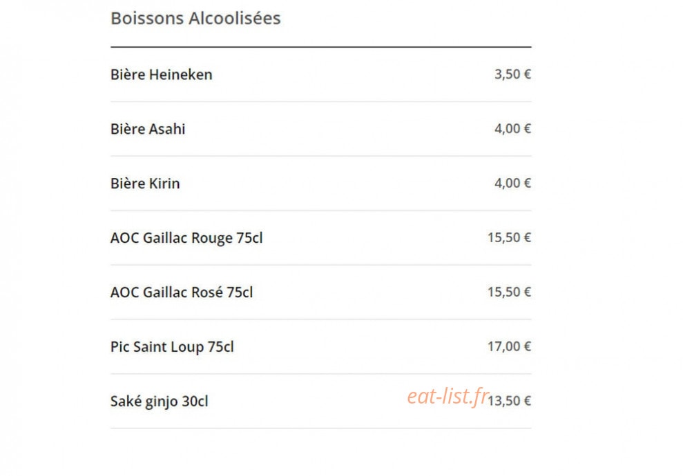 Carte et menu de Wok N Sushi à Toulouse — Les boissons alcoolisées