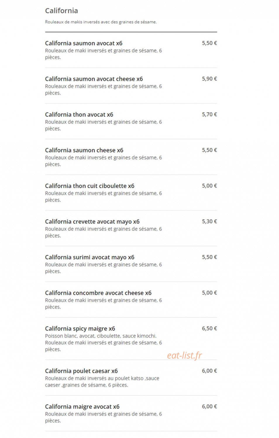 Carte et menu de Wok N Sushi à Toulouse — Les california