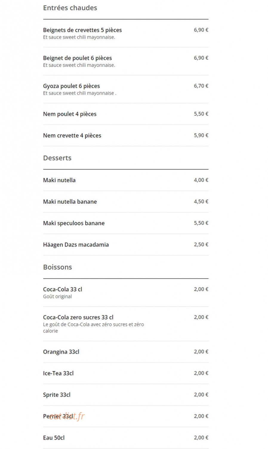 Carte et menu de Wok N Sushi à Toulouse — Les boissons, desserts, ...