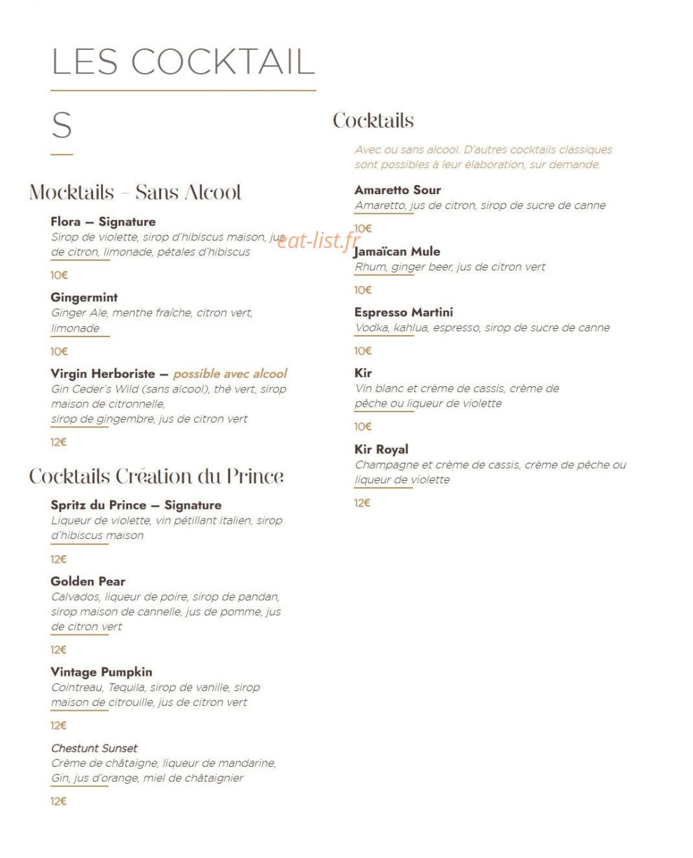 Carte et menu de Le Manoir du Prince à Portet sur Garonne — Les cocktails