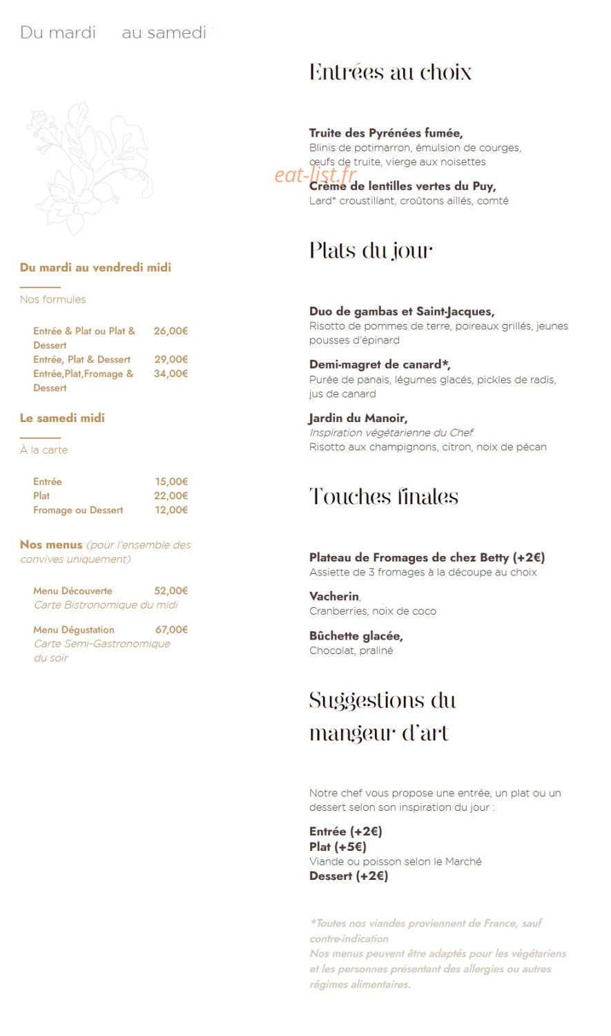 Carte et menu de Le Manoir du Prince à Portet sur Garonne — Menu midi
