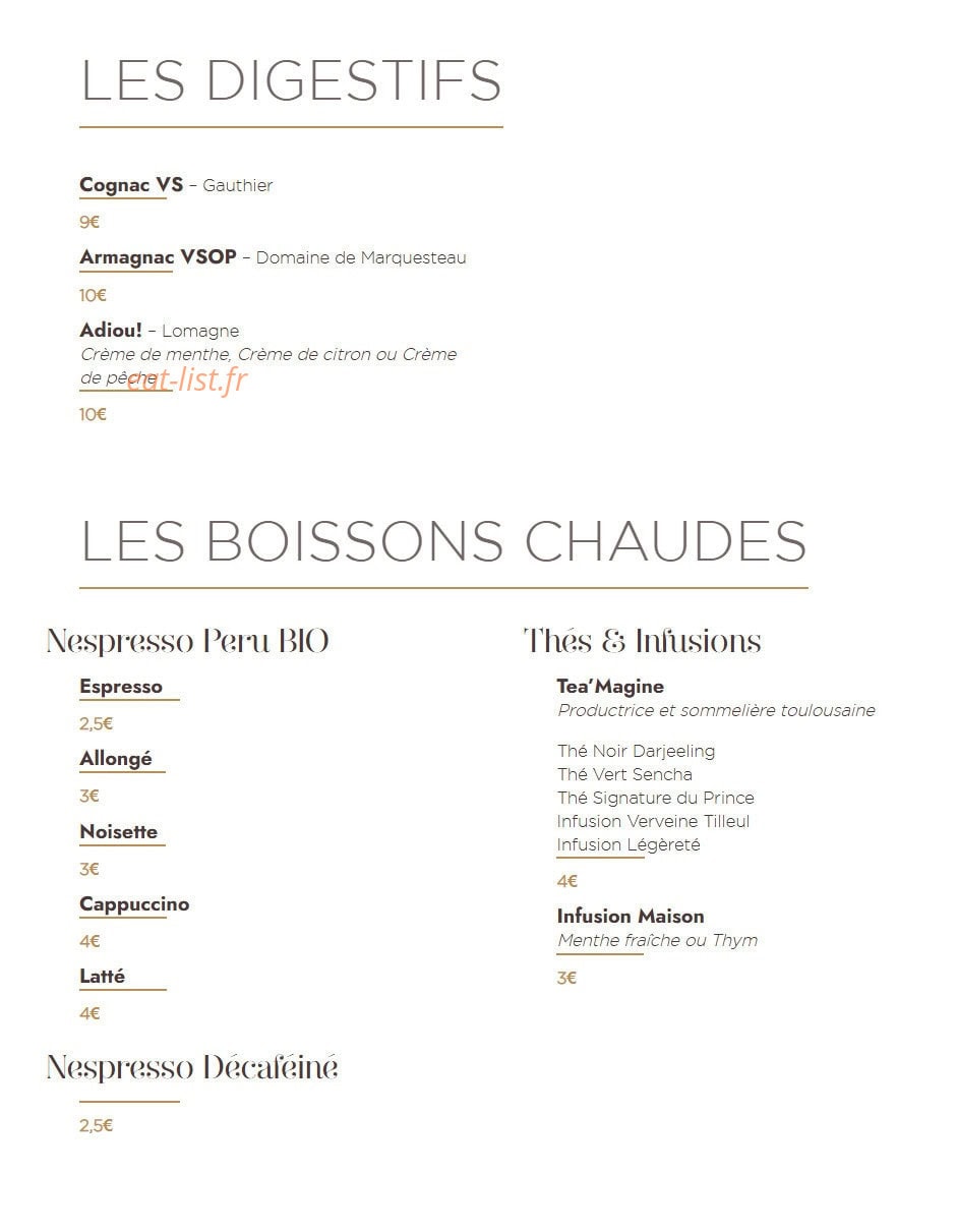 Carte et menu de Le Manoir du Prince à Portet sur Garonne — Les digestifs et boissons chaudes