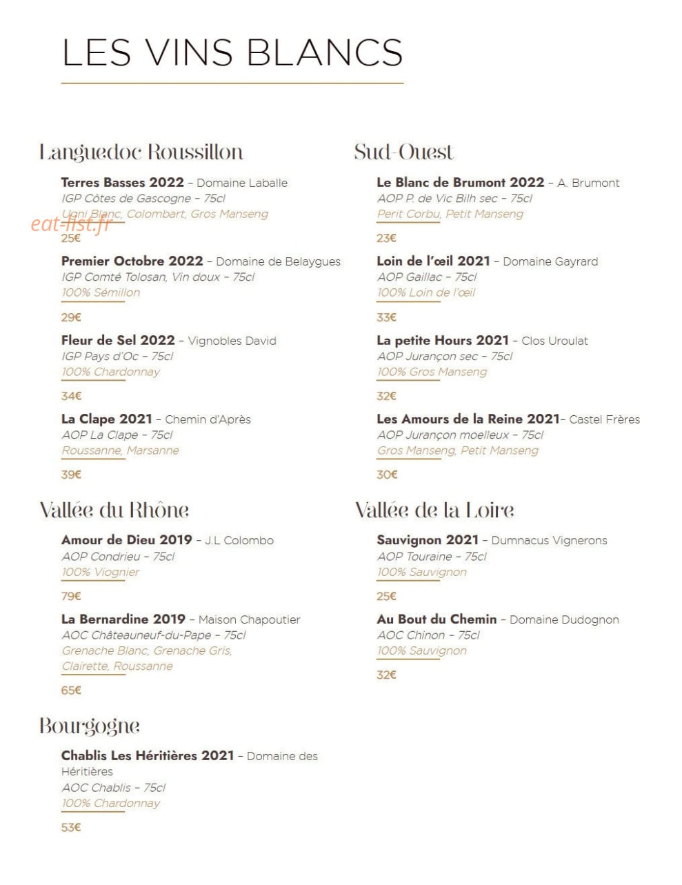Carte et menu de Le Manoir du Prince à Portet sur Garonne — Les vins blancs