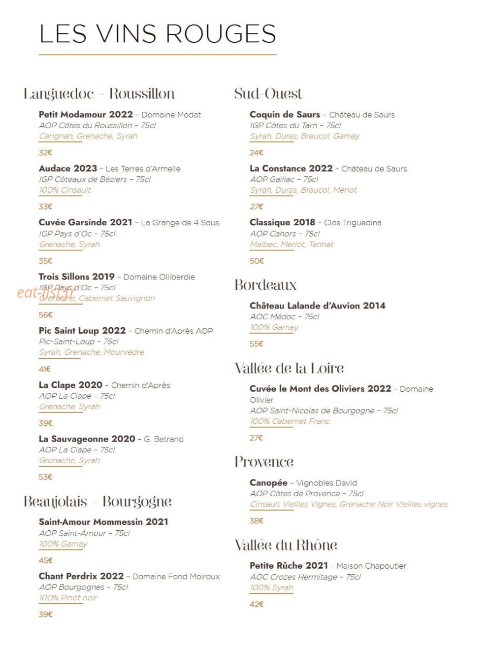Carte et menu de Le Manoir du Prince à Portet sur Garonne — Les vins rouges